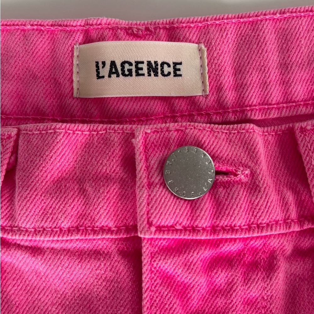 L'Agence Clark Distressed Denim High Rise Shorts in Shocking Pink, 24" Waist - Picture 5 of 9